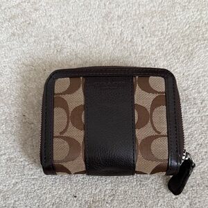 Coach Signature Brown and Tan Zip Wallet